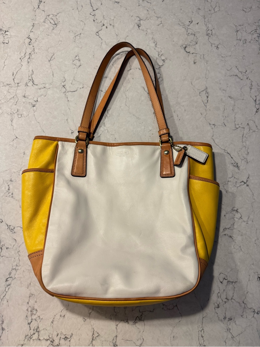 Coach White & Yellow Leather Tote with Tan Trim